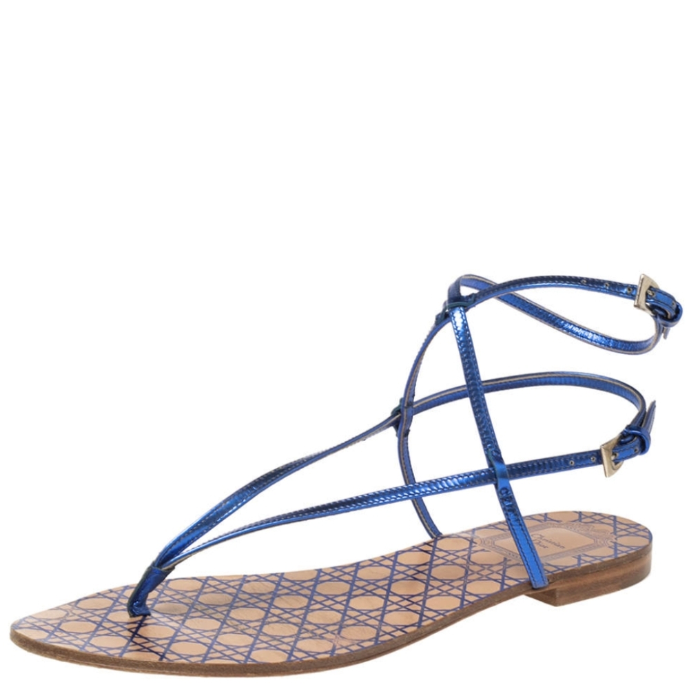 Christian Dior Blue Leather Ankle Strap Flats Size 36.5 EU / 6.5 US